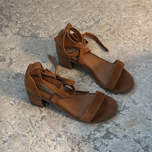Steve Madden Rizzaa Cognac Suede‎ Leather Heeled Sandals ankle straps Sz 6.5 - Picture 7 of 13